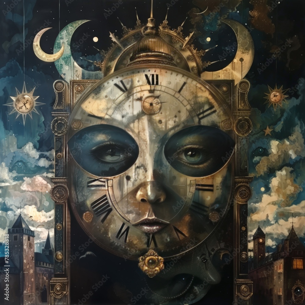 A surreal painting of a woman wearing a clock face mask, surrounded by celestial symbols and a dreamscape of castles and towers, creating a mystical and enigmatic atmosphere