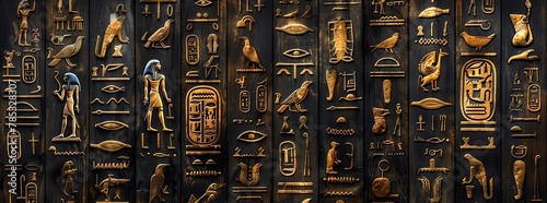 A wall of ancient Egyptian hieroglyphs, carved in gold and black on dark wood The symbols represent the hieroglyphics from an old Egyptian tomb, with detailed designs and rich colors Its a mysterious