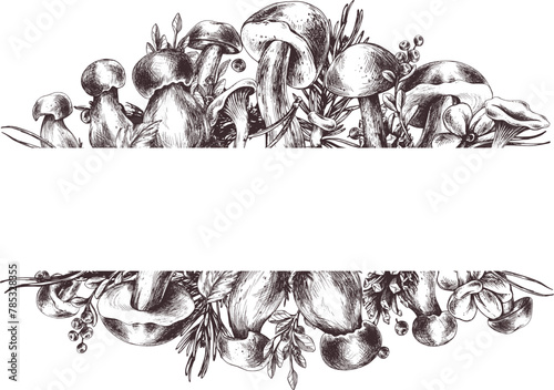 Forest mushrooms, boletus, chanterelles and blueberries, lingonberries, twigs, cones, leaves. Graphic illustration hand drawn in black ink. Frame, border, template EPS vector. © NATASHA-CHU