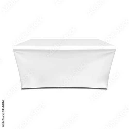 Tradeshow table with blank white stretch cover for brand design realistic vector mockup. Expo exhibition counter mock-up. Trade show pop desk display stand template