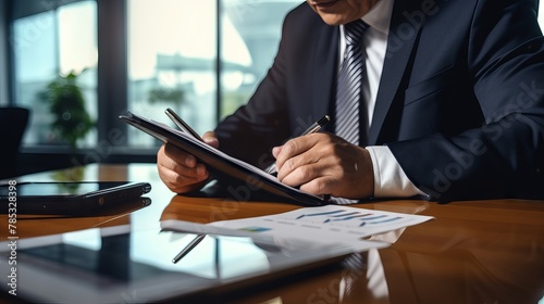 Consultant discussing asset management, tax law, and business protection with bookkeepers and accounting lawyer using tablet pc: stock market analysis, balance sheet, anti-bribery measures

