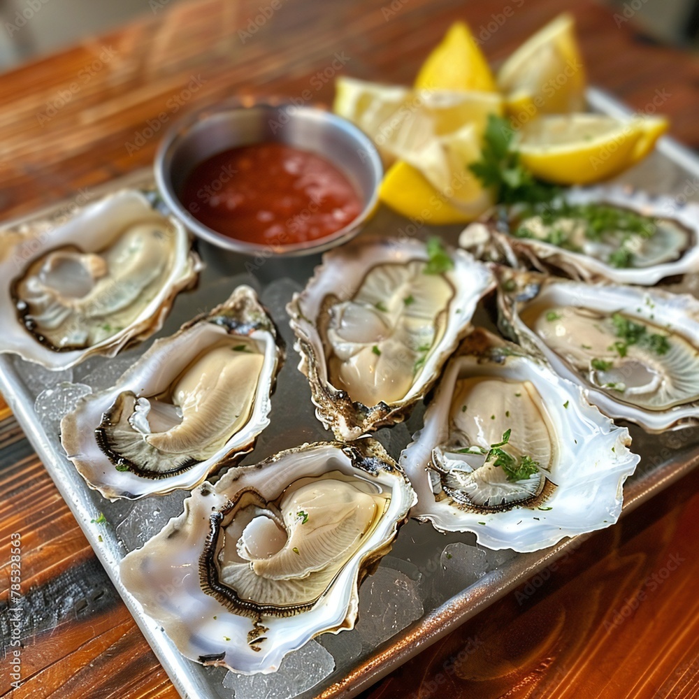 A tray of freshly shucked oysters served with lem A tray of freshly shucked oysters served with lem
