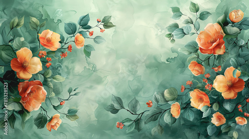 Watercolor green and orange floral background, copy space. © puhimec