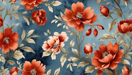 Elegant Nostalgia: Vintage Red Florals on Blue"