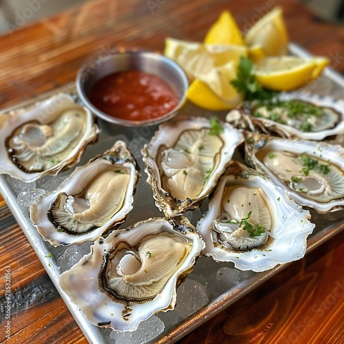 A tray of freshly shucked oysters served with lem photo
