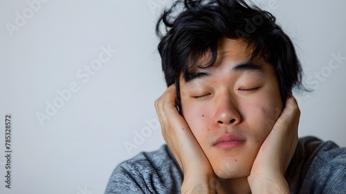 An Asian man looking tired with droopy eyes, resting his head on his hand. photo