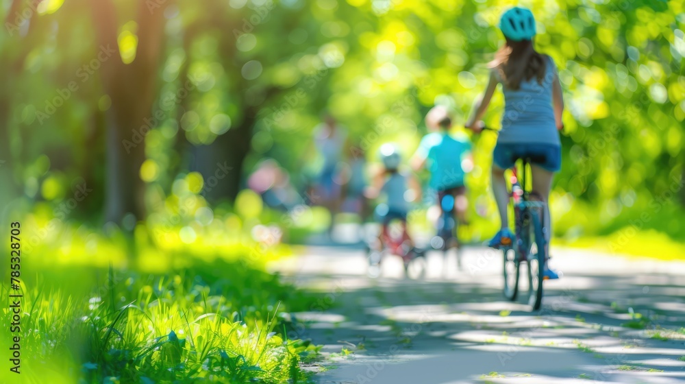 Children riding bike outdoor in park, green blurred environmental background