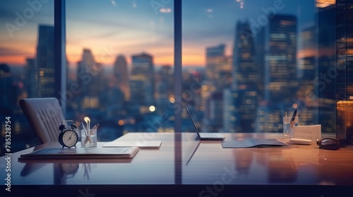 Dynamic dusk: blurred office workspace with cityscape backdrop, ideal for business presentations and modern work environments

 photo