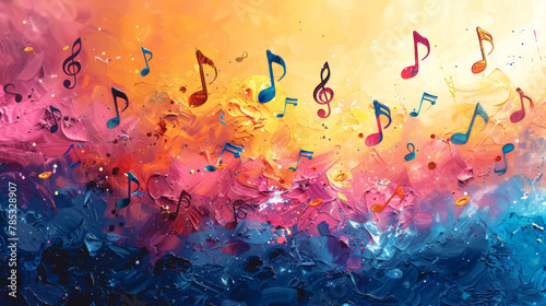 Abstract watercolor musical background with colorful notes. photo
