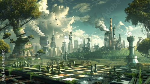 Concept art showing the clash of industrial and natural worlds on a chessboard #785328950