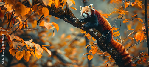 Red Panda: A red panda in a tree, shot with a shallow depth of field to isolate it from the autumn leaves, set against a blurred forest background with copy space