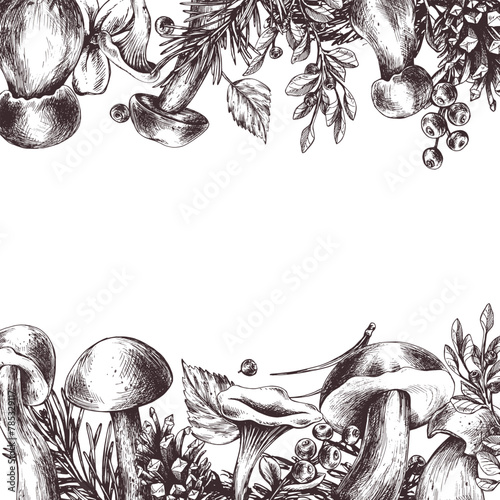Forest mushrooms, boletus, chanterelles and blueberries, lingonberries, twigs, cones, leaves. Graphic illustration hand drawn in black ink. border, template EPS vector.