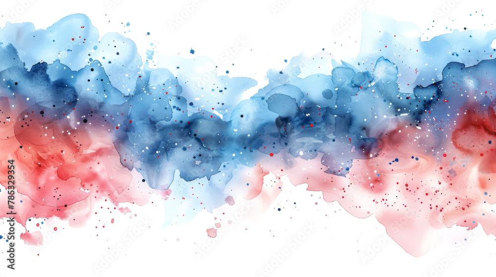 Blue and red spots and drips of watercolor paint on a white background.