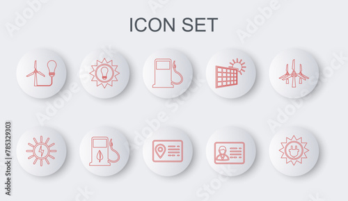 Set line Solar energy panel, Petrol or Gas station, Identification badge, Light bulb with wind turbine, Bio fuel fueling nozzle and Address book icon. Vector