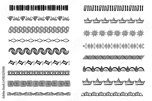 Set aztec tribal motive border in doodle hand drawn style from geometrical shapes isolated on white background. boho scandinavian srtoke, traditional native decor. © Alyona