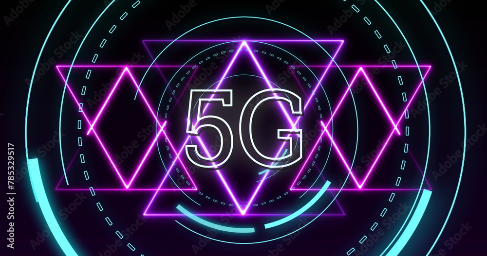 Image of shapes moving and 5g text over black background Image of shapes moving and 5g text over black background