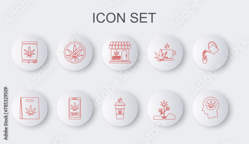 Set line Head in profile with marijuana, Shopping bag, Marijuana and cannabis store, Planting, seeds, Stop, Online buying and Cup coffee icon. Vector