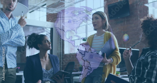 Image of globe and data processing over business people in office