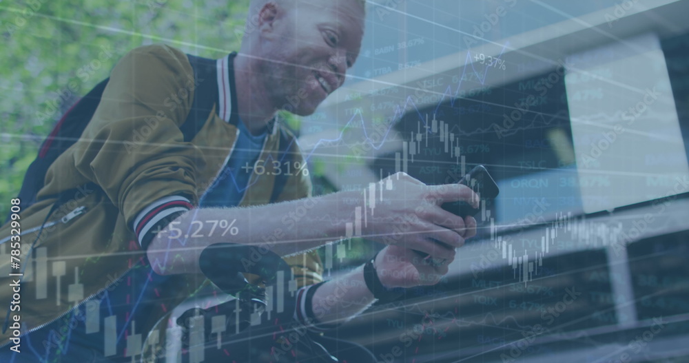 Image of financial data processing over man using smartphone Image of financial data processing over man using smartphone