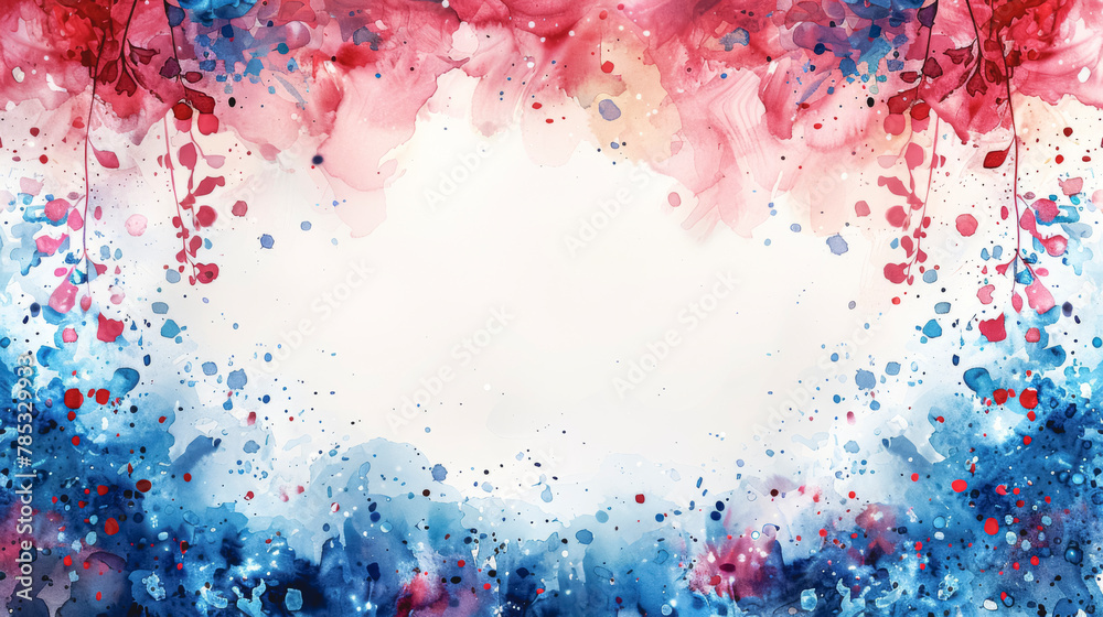 Blue and pink spots and drips of watercolor paint on a white background.