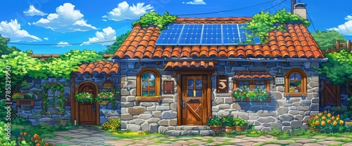 A quaint, small shop with solar panels on the roof and flowers blooming in front of it. © AnimeBG