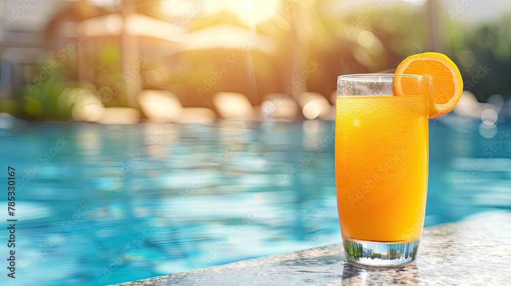 a glass of orange juice placed on the pool's edge, with a luxurious hotel and shimmering swimming pool in the blurred background, set against the backdrop of a sunny day. a glass of orange juice placed on the pool's edge, with a luxurious hotel and shimmering swimming pool in the blurred background, set against the backdrop of a sunny day.