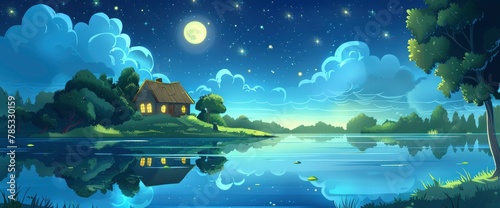 A serene lakeside scene under the moonlight, with clouds and stars in the sky, featuring a house on an island surrounded by trees and grassy areas. 