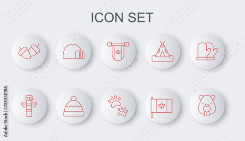 Set line Beaver animal, Canadian totem pole, Pennant Canada, Flag of, Acorn, Igloo ice house, Beanie hat and Paw print icon. Vector