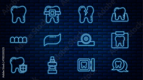 Set line Tooth, X-ray of tooth, Broken, Toothpaste, Dentures model, Otolaryngological head reflector and Teeth with braces icon. Vector