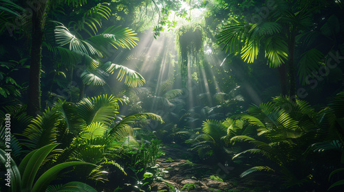 Dark rainforest sun rays through the trees rich jungle © Anas