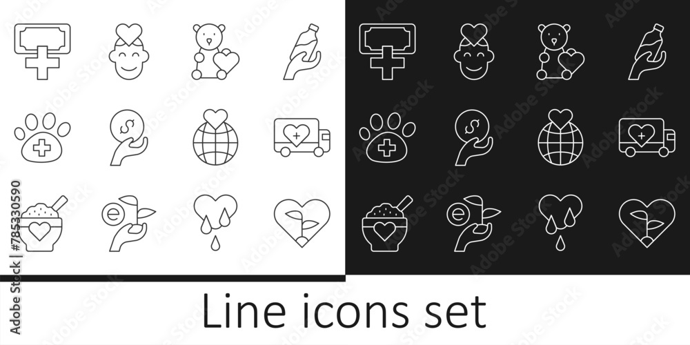 Set line Leaf in heart, Humanitarian truck, Donate child toys, Donation and charity, Veterinary clinic, Hand holding Earth globe and Volunteer icon. Vector