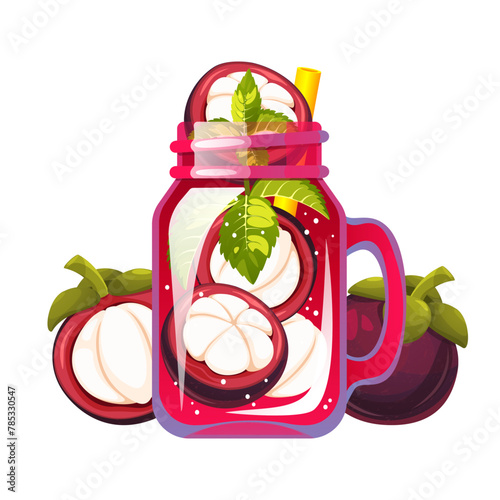 Cocktail with mangosteen. A refreshing drink in a can with mangosteen. Summer juice with mangosteen. Smoothie with fresh fruit. Lemonade with mangosteen. Vector illustration.