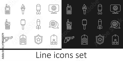 Set line Military rank, Peace, Rocket launcher, Anti-tank hand grenade, Walkie talkie, and Torch flame icon. Vector