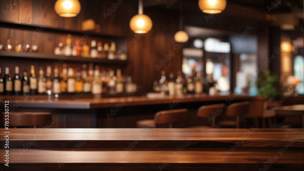 A wooden bar with bottles on shelves behind it