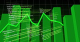 Image of green line and financial data processing over dark background