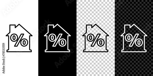 Set line House with percant discount tag icon isolated on black and white background. Real estate home. Credit percentage symbol. Vector