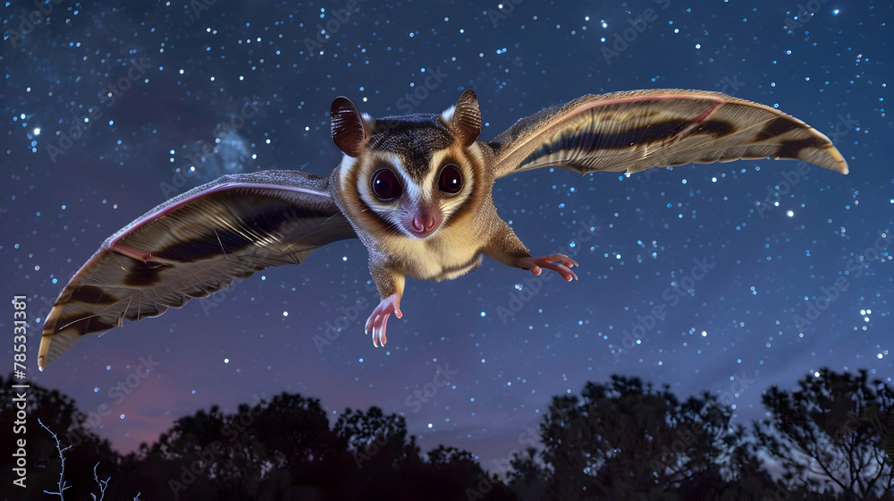 Fototapeta premium Sugar Glider: A sugar glider in mid-glide, captured with a burst mode to freeze its graceful flight, set against a nighttime sky background with copy space