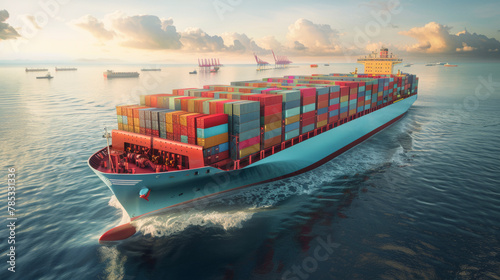 Massive Cargo Ship Laden with Colourful Shipping Containers at Sea photo