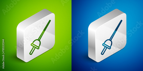 Isometric line Fencing icon isolated on green and blue background. Sport equipment. Silver square button. Vector