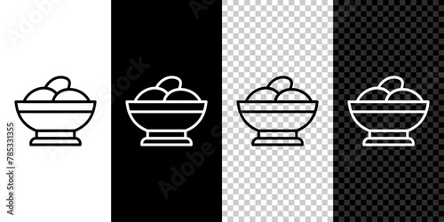 Set line Varenyky in a bowl icon isolated on black and white background. Pierogi, varenyky, dumpling, pelmeni, ravioli. Traditional Ukrainian food. Vector