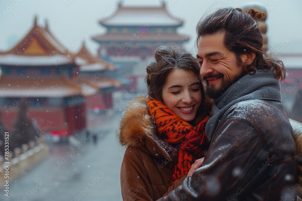 Man and Woman Embracing in Snow