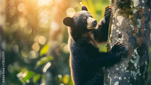 Sun Bear: A sun bear climbing a tree, shot using a high-angle perspective to show its climbing skills and compact size, set against a jungle background with copy space photo