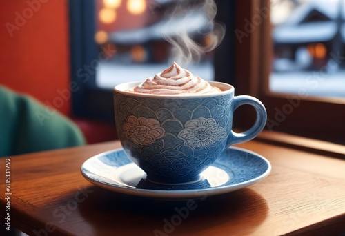 A Steaming Mug Of Hot Cocoa On A Cozy Cafe Table