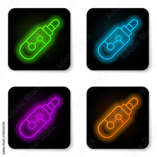 Glowing neon line Electronic cigarette icon isolated on white background. Vape smoking tool. Vaporizer Device. Black square button. Vector