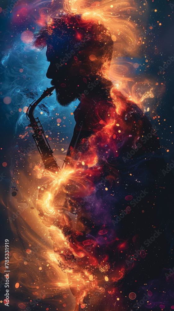 Silhouette of a saxophonist on a space background.