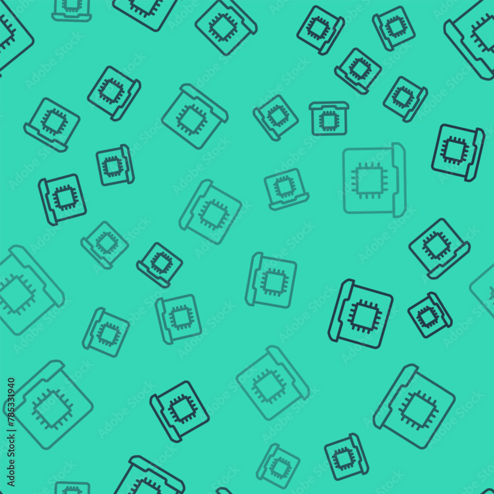 Black line Computer processor with microcircuits CPU icon isolated seamless pattern on green background. Chip or cpu with circuit board. Micro processor. Vector Black line Computer processor with microcircuits CPU icon isolated seamless pattern on green background. Chip or cpu with circuit board. Micro processor. Vector