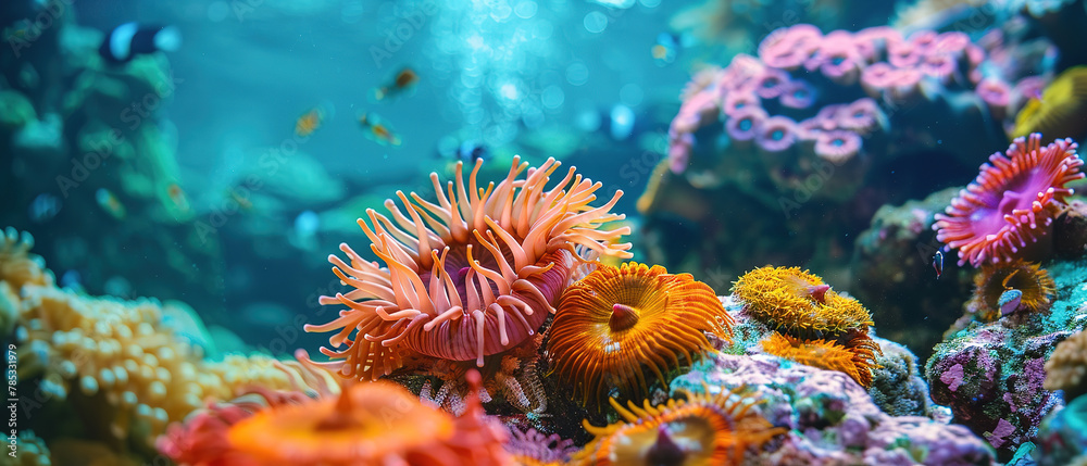 Fototapeta premium close up Sea anemone on a beautiful coral reef, with empty copy space