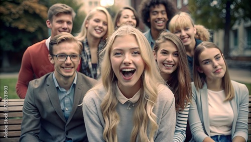 Happy Young Woman Laughing with Friends - Trendy Group Chatting Outdoors