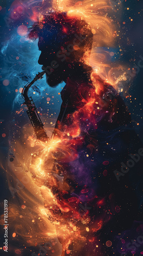 Silhouette of a saxophonist on a space background. © puhimec