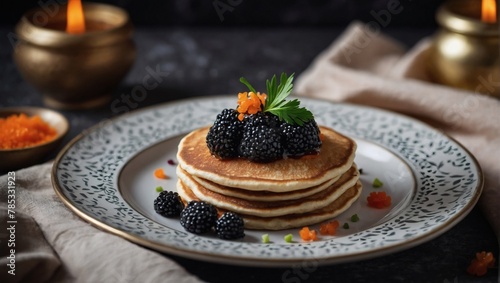 Homemade blini. Russian buckwheat pancakes with sour cream and caviar on a ceramic plate. Traditional Russian cuisine.